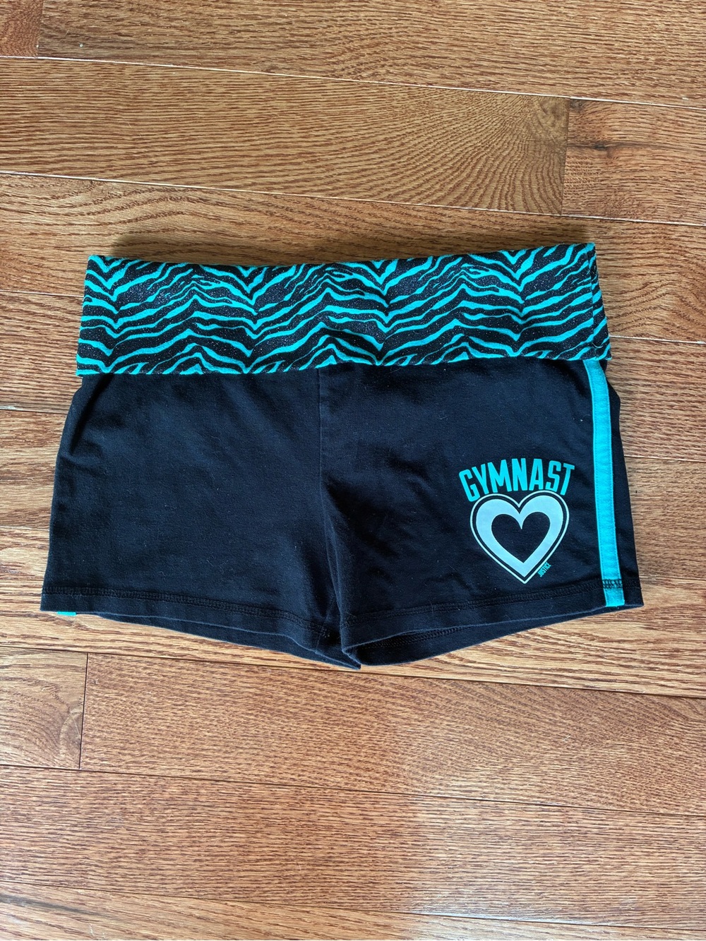 Justice Athletic Shorts - Black & Teal Zebra Waistband -fold over - girls 14